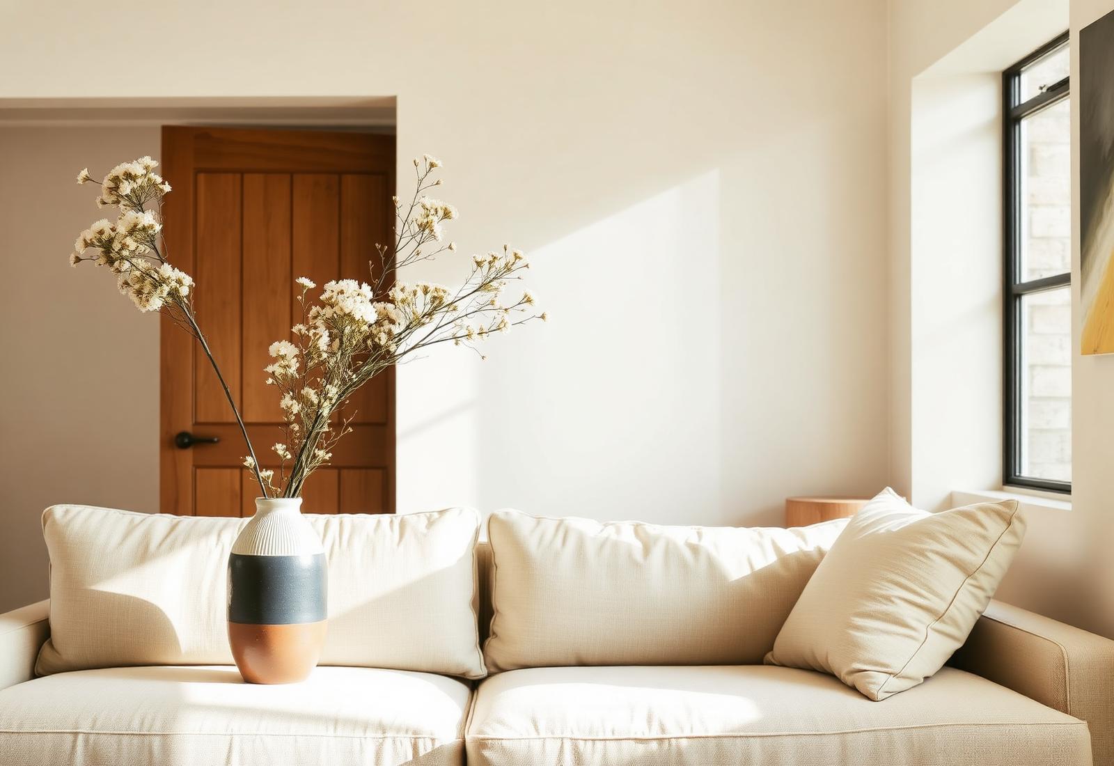 Sunlit Australian living room with a Drift Harbour ceramic vase on a linen sofa